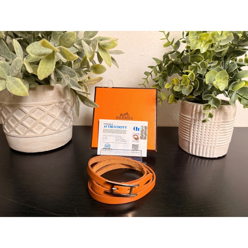 Hermes Unisex Leather Cognac‎ Bracelet Silver H Buckle Square G w/ COA
